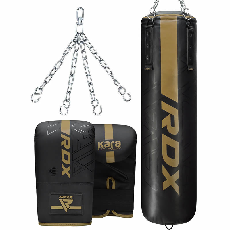 RDX Black/Golden 6ft Training Punch Bag with Mitts Set