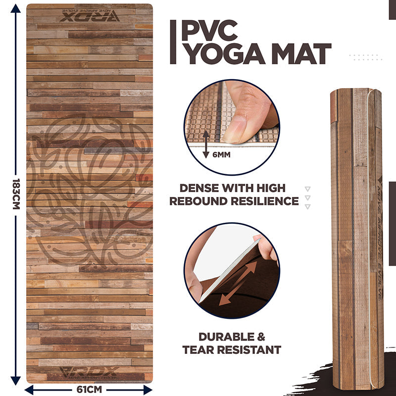 RDX D4 4-in-1 Iris 6mm PVC Yoga Mat Rustic Wood Set