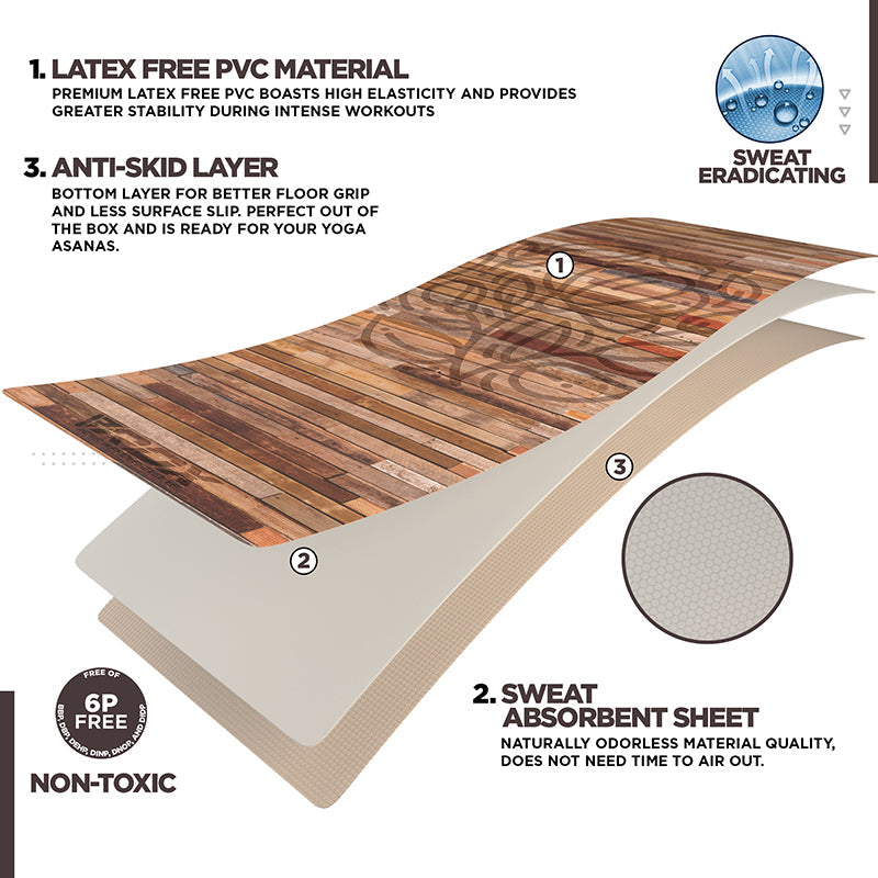 RDX D4 4-in-1 Iris 6mm PVC Yoga Mat Rustic Wood Set