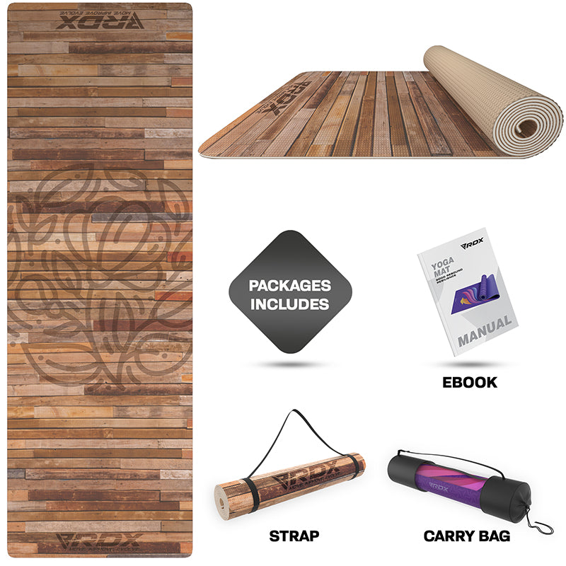 RDX D4 4-in-1 Iris 6mm PVC Yoga Mat Rustic Wood Set