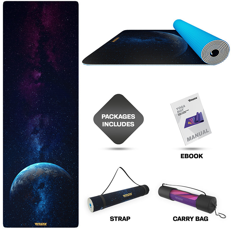 RDX D7 4-in-1 Iris 6mm PVC Yoga Mat Blue Dot Set
