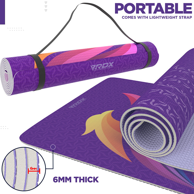 RDX D2 4-in-1 Iris 6mm PVC Yoga Mat Orchid Phoenix Set