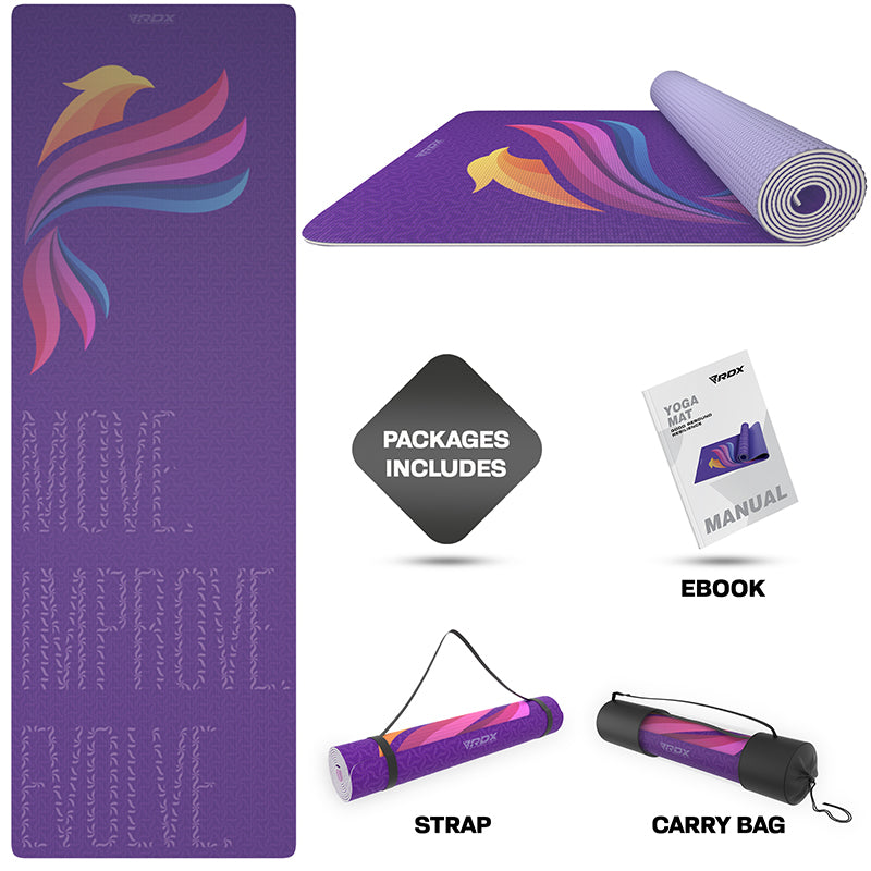RDX D2 4-in-1 Iris 6mm PVC Yoga Mat Orchid Phoenix Set